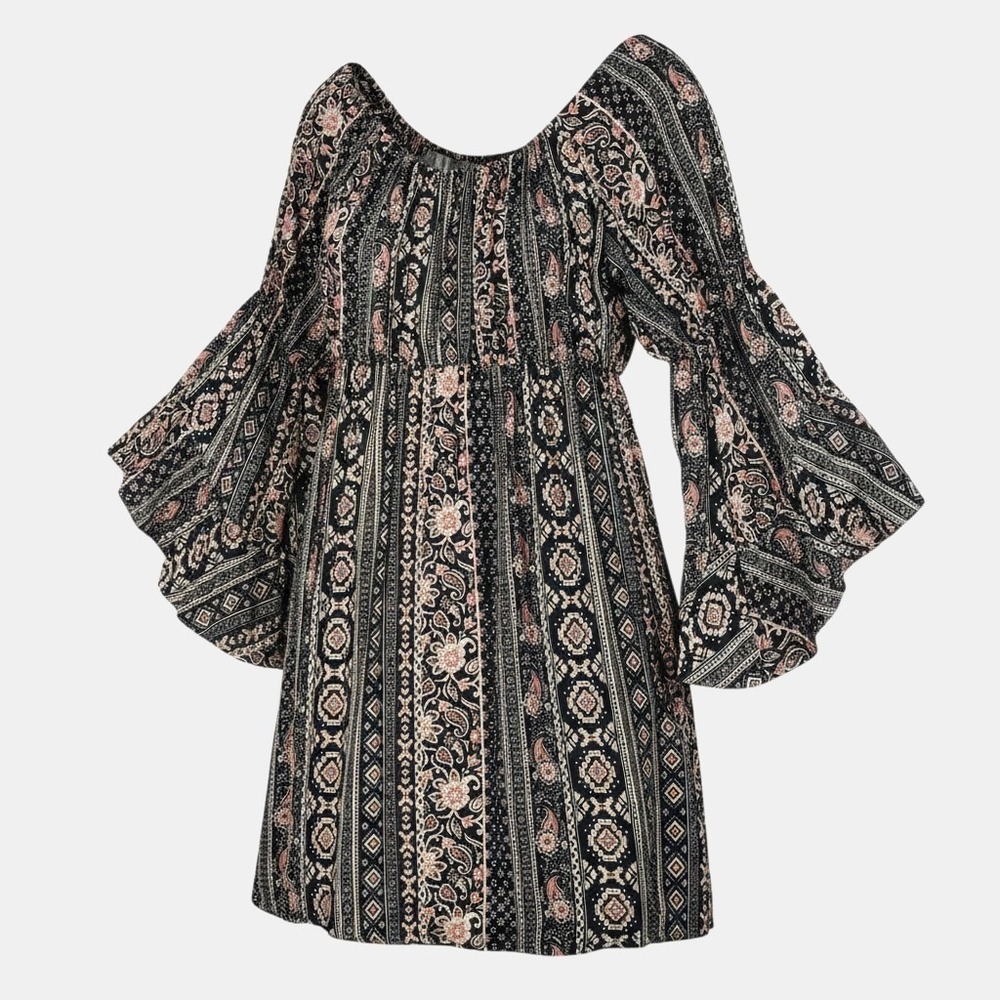 Altar'd State S Black‎ Paisley Bell Sleeve Mini Dress Boho Festival Indie Sleaze